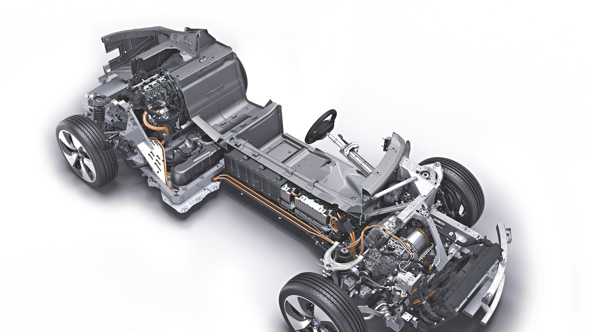 BMW i8 ma benzynowy silnik z tyłu, a elektryczny z przodu. Akumullator znajduje się między osiami. To sprawiło, że auto ma idealny rozkład mas