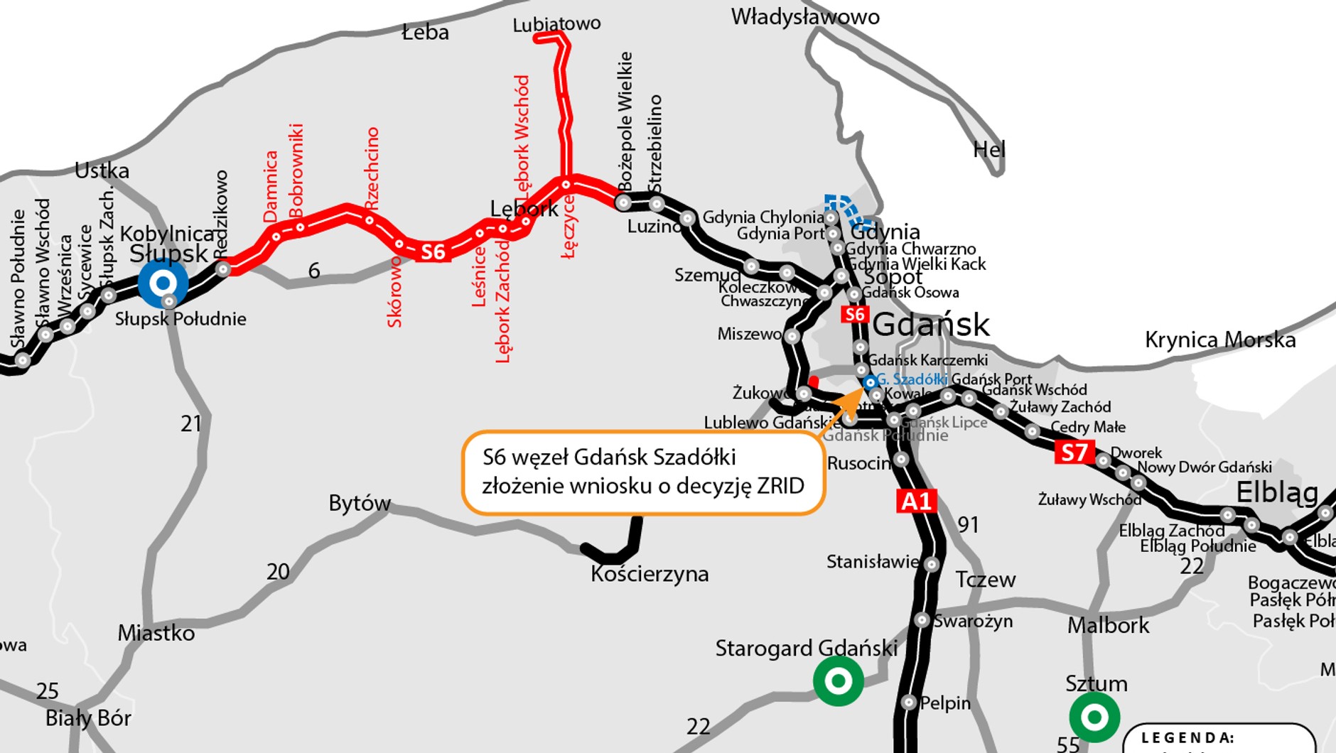 S6 węzeł Gdańsk Szadółki - mapa