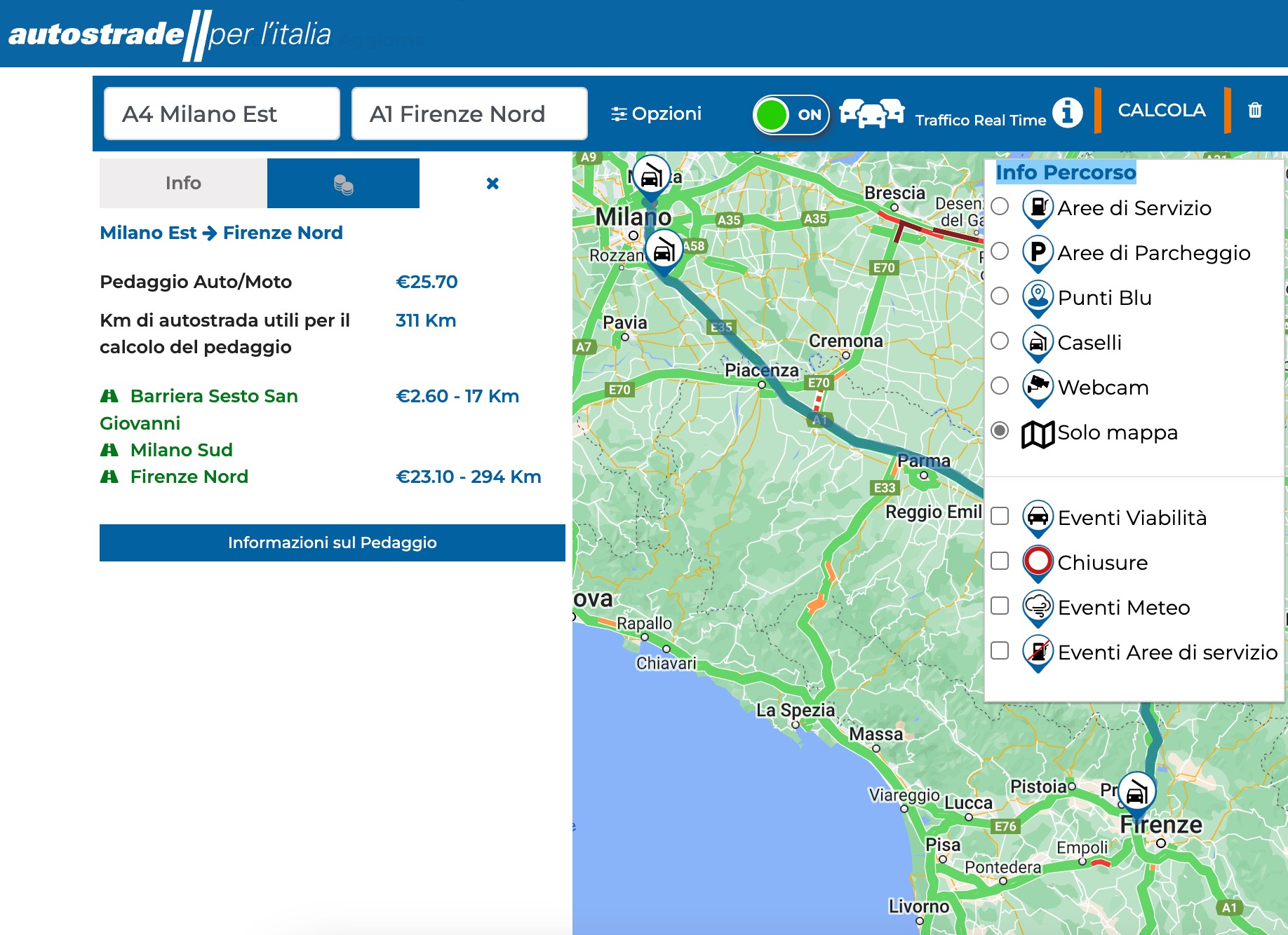 Przejazd autostradą A1 z Mediolanu do Florencji