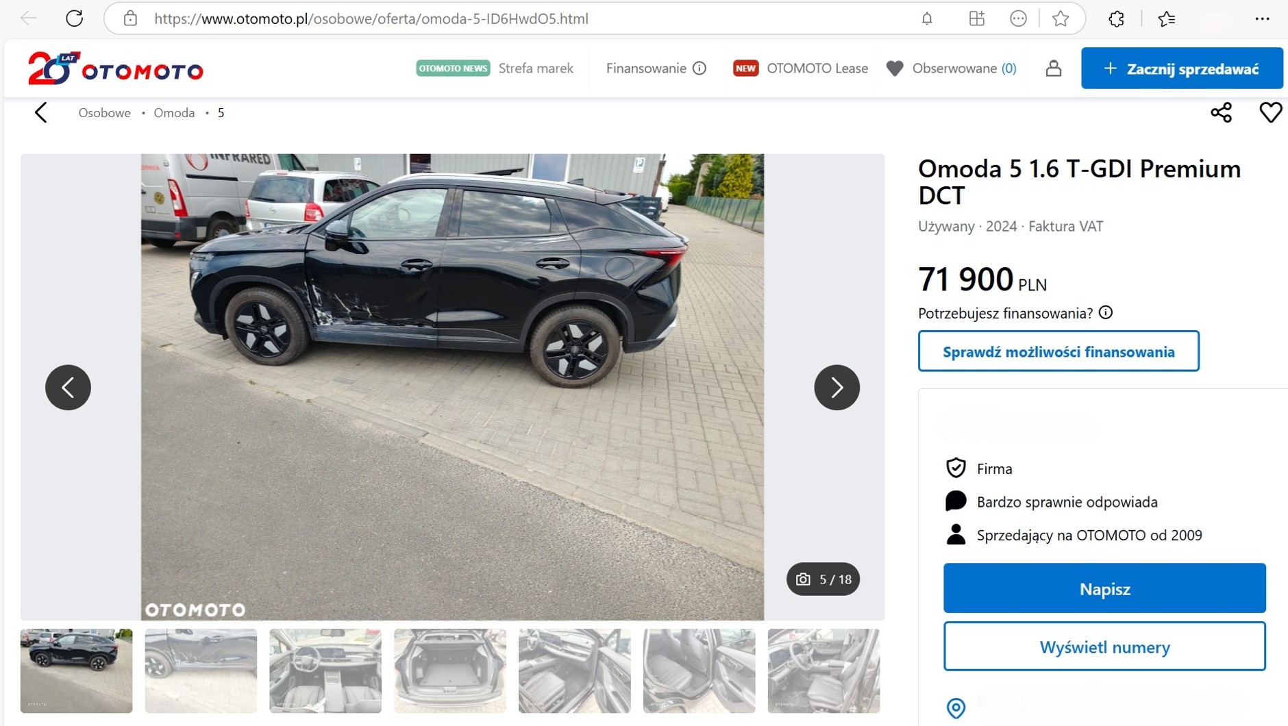 Zrzut ekranu z ogłoszenia z widocznymi uszkodzeniami SUV-a
