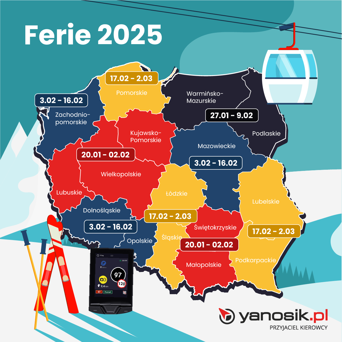 Terminy ferii w 2025 r. (mapa)