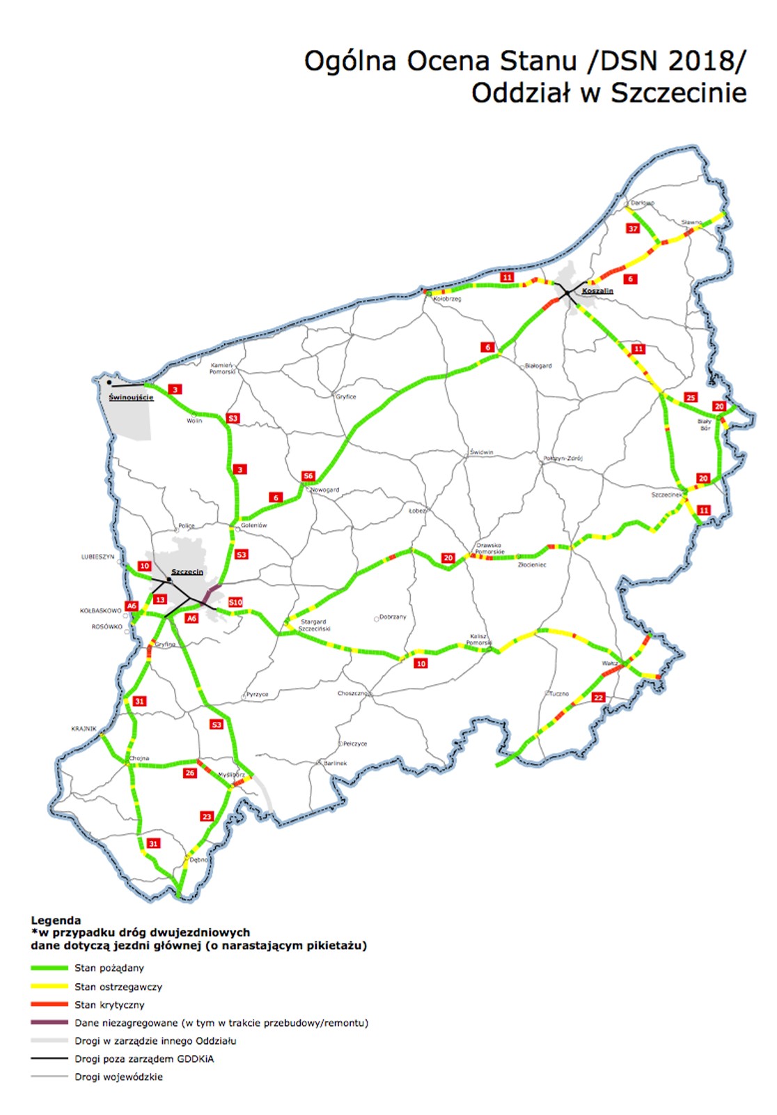 Mapy poglądowe z ogólną oceną stanu technicznego nawierzchni w poszczególnych oddziałach GDDKiA