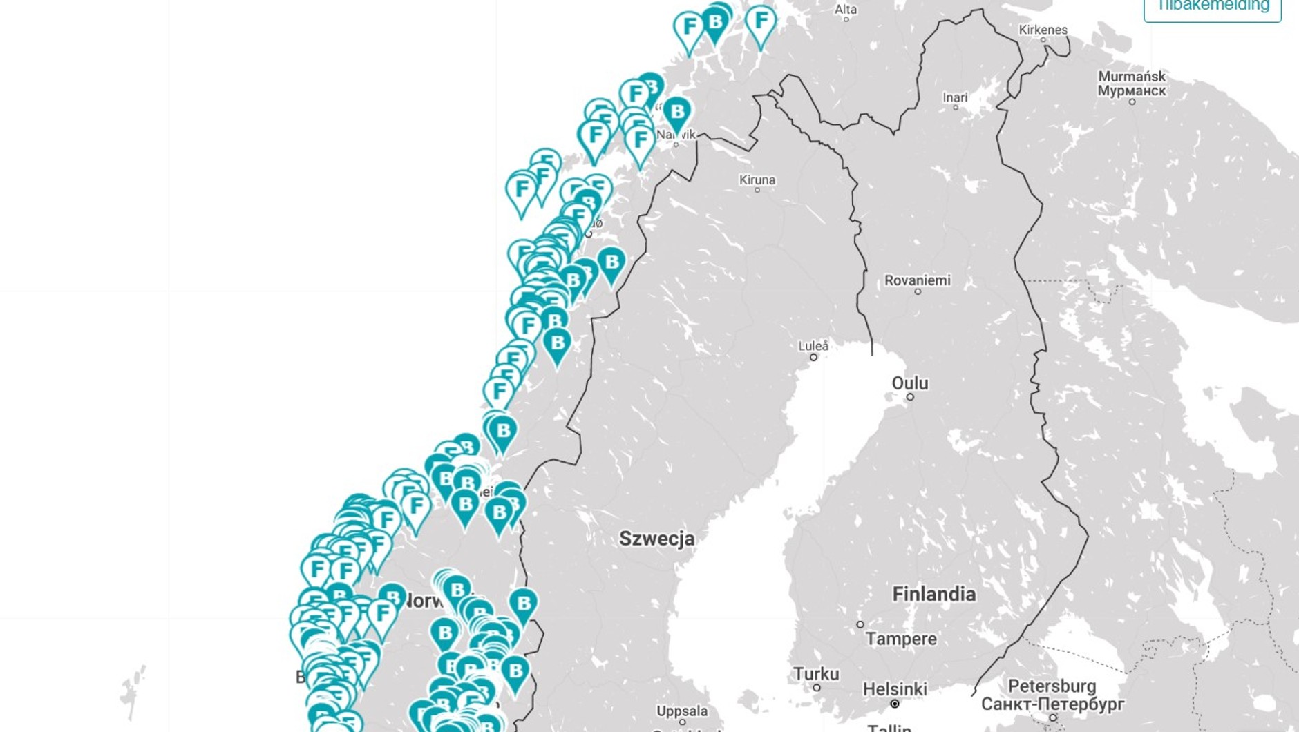 Mapa z zaznaczonymi płatnymi odcinkami dróg w Norwegii
