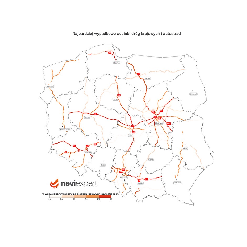 Najbardziej wypadkowe odcinki dróg krajowych i autostrad w majówkę 2023