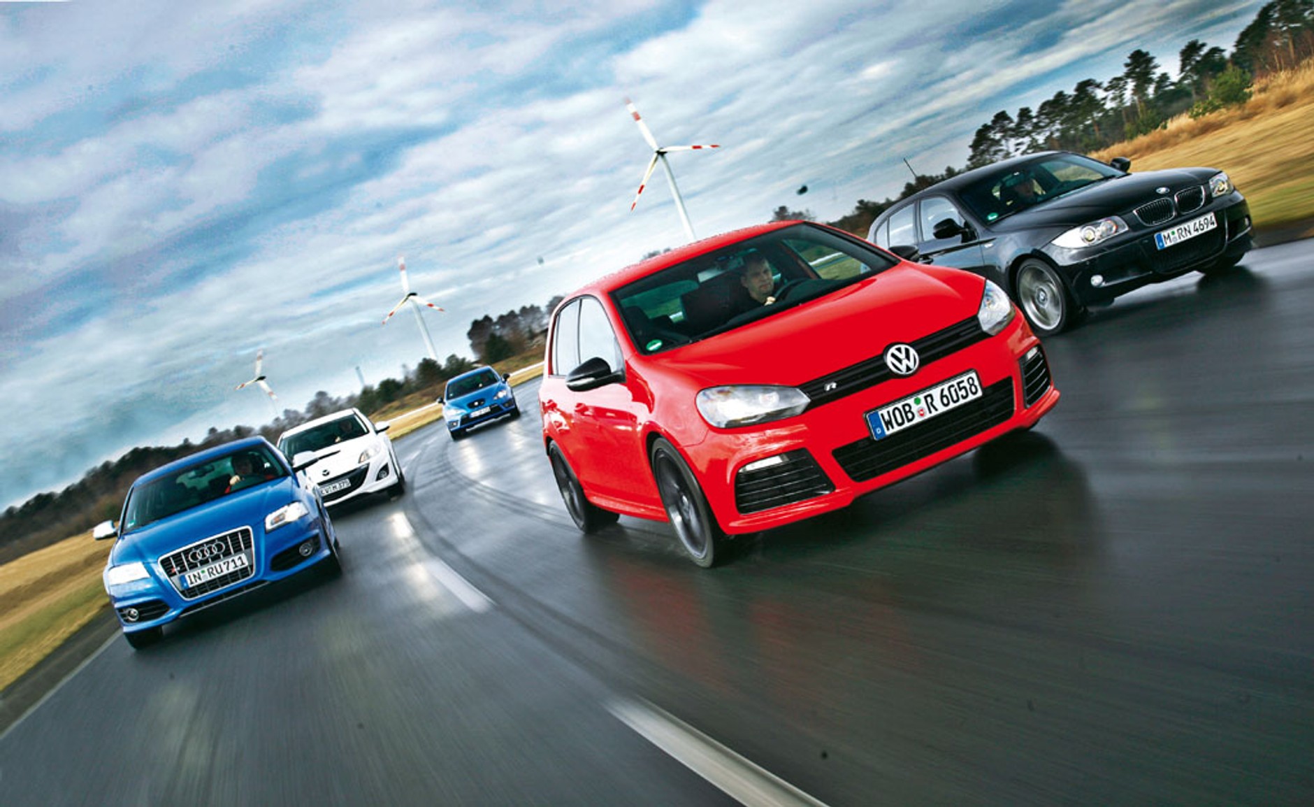 Który nadaje się na przewodnika stada? Pięć supersportowych kompaktów: Mazda 3MPS kontra BMW 130i, VW Golf R, Audi S3 i Seat Leon Cupra