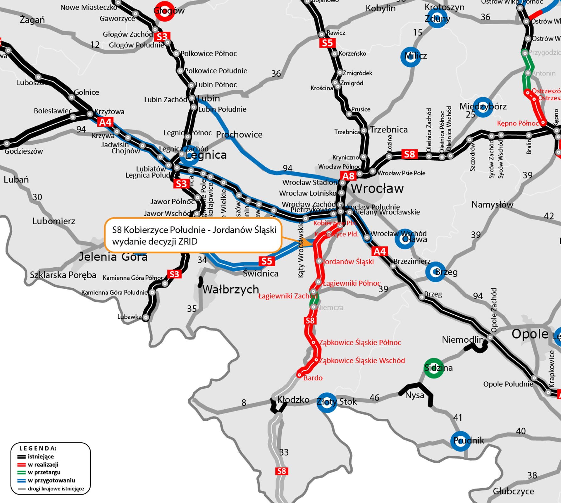 Droga ekspresowa S8 pomiędzy węzłami Kobierzyce Południe i Jordanów Śląski, mapa