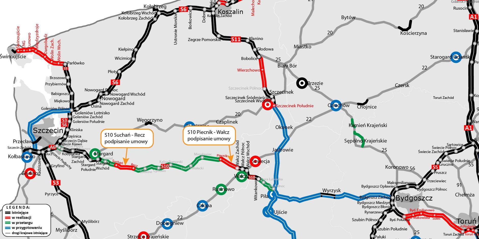 Mapa odcinków S10 Scuhań — Recz i Piecnik — Wałcz