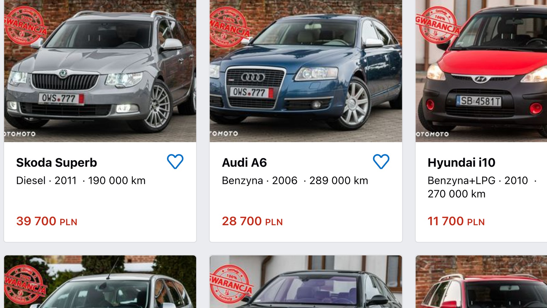 Strona jednego z komisów oferujących auta z gwarancją: co najmniej jeden z tych samochodów z gwarancją ma cofnięty licznik i jest powypadkowy