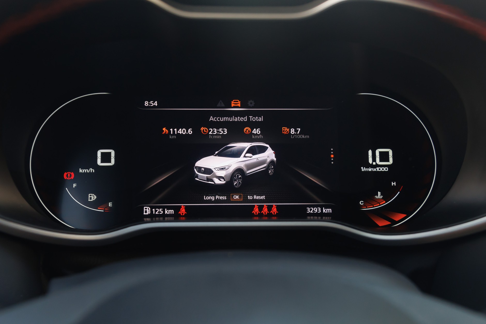 MG ZS — spalanie w cyklu mieszanym podczas całego testu (800 km na drogach pozamiejskich)