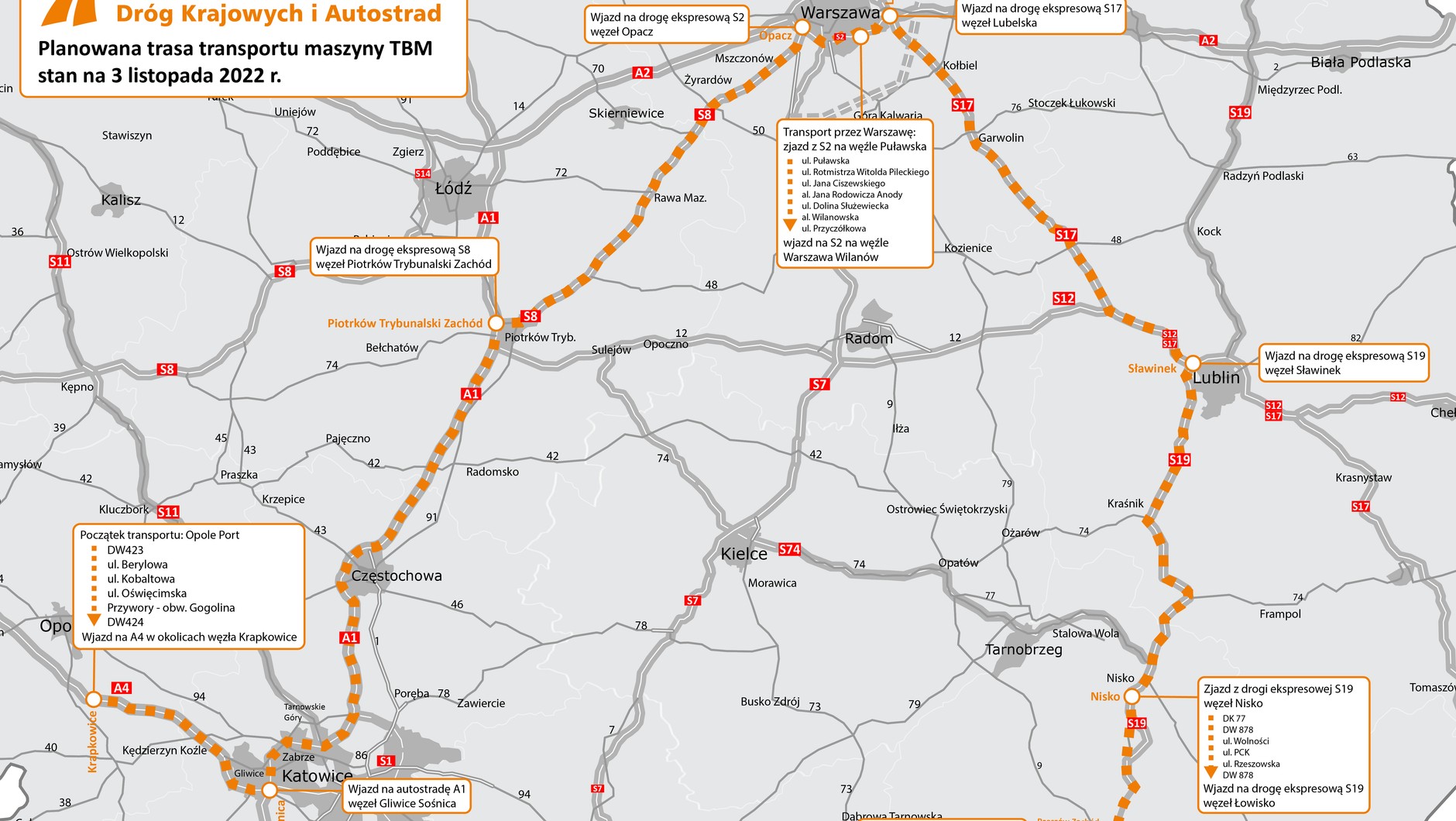 Mapa trasy, jaką będzie przejeżdżał konwój