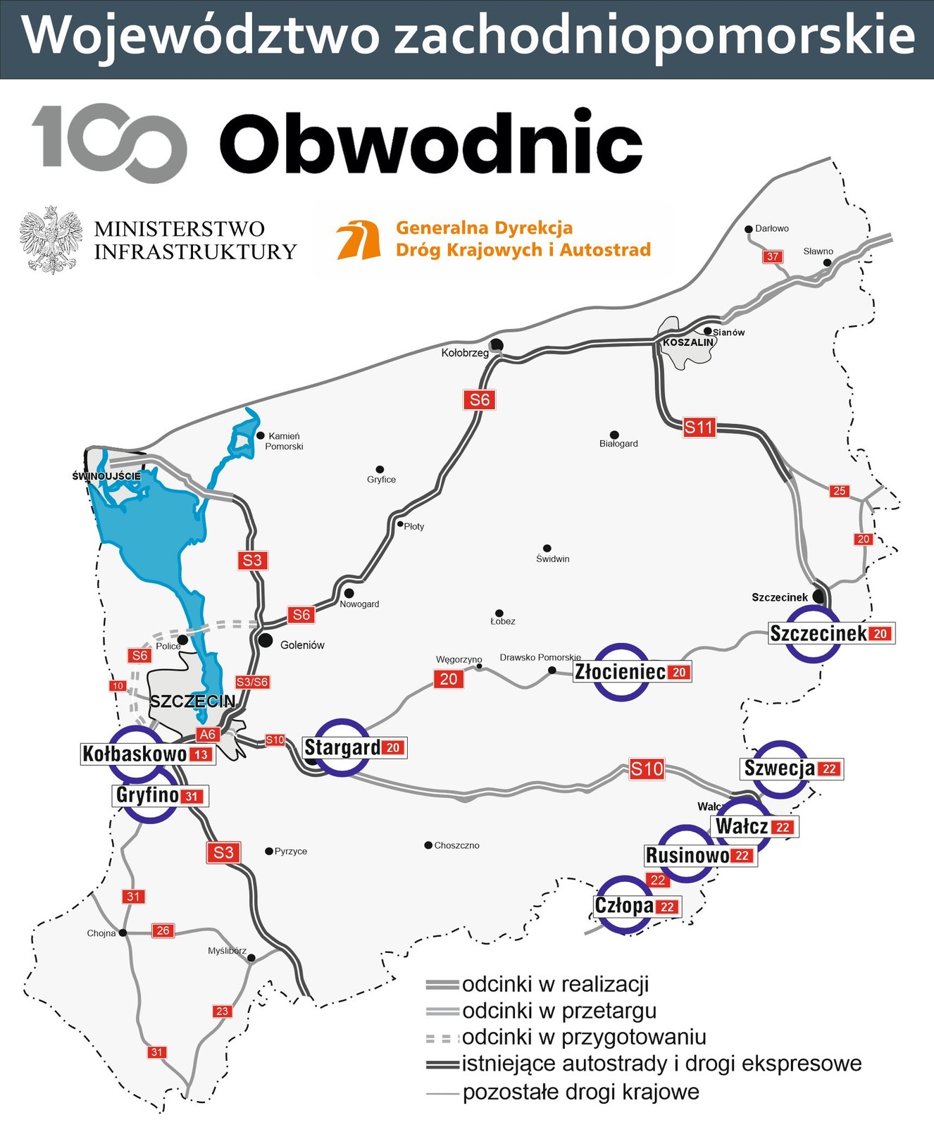 Program budowy 100 obwodnic w woj. zachodniopomorskim, stan grudzień 2024 r.