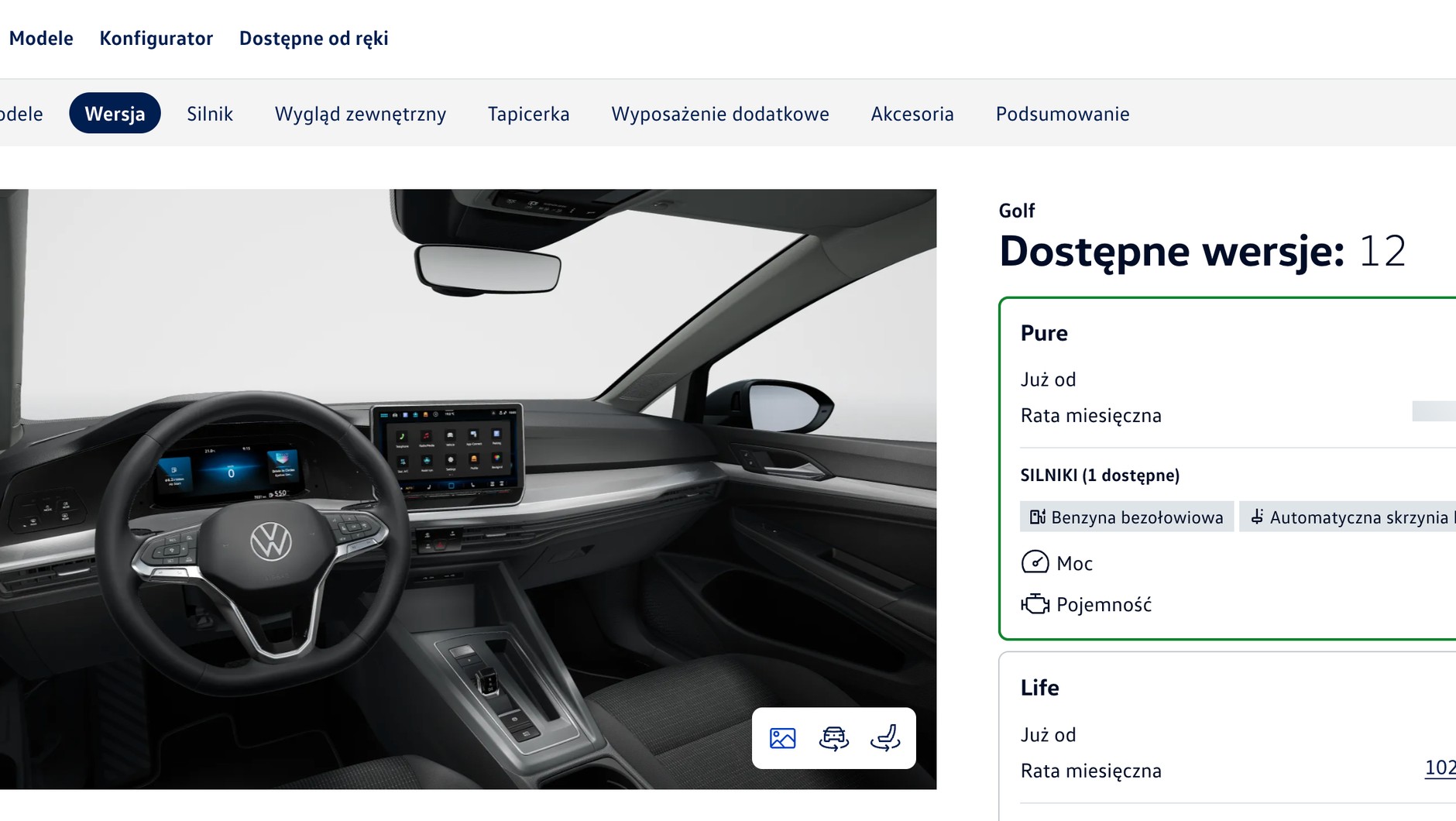 Volkswagen Golf Pure — zrzut ekranu z konfiguratora