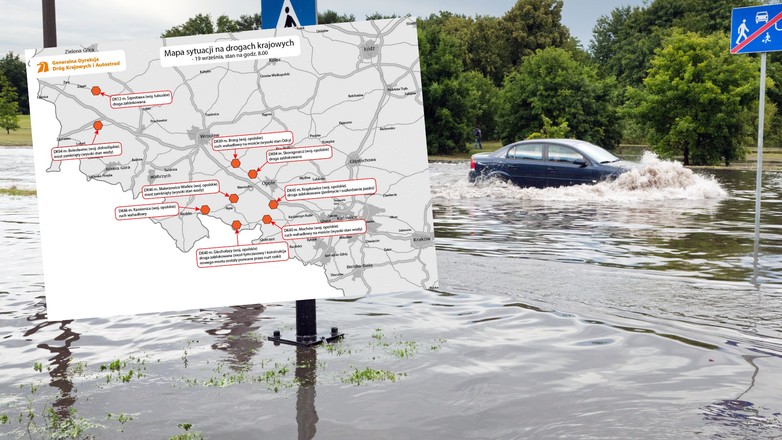 Mapa utrudnień spowodowanych przez powódź na południu Polski (screen: GDDKiA/X)