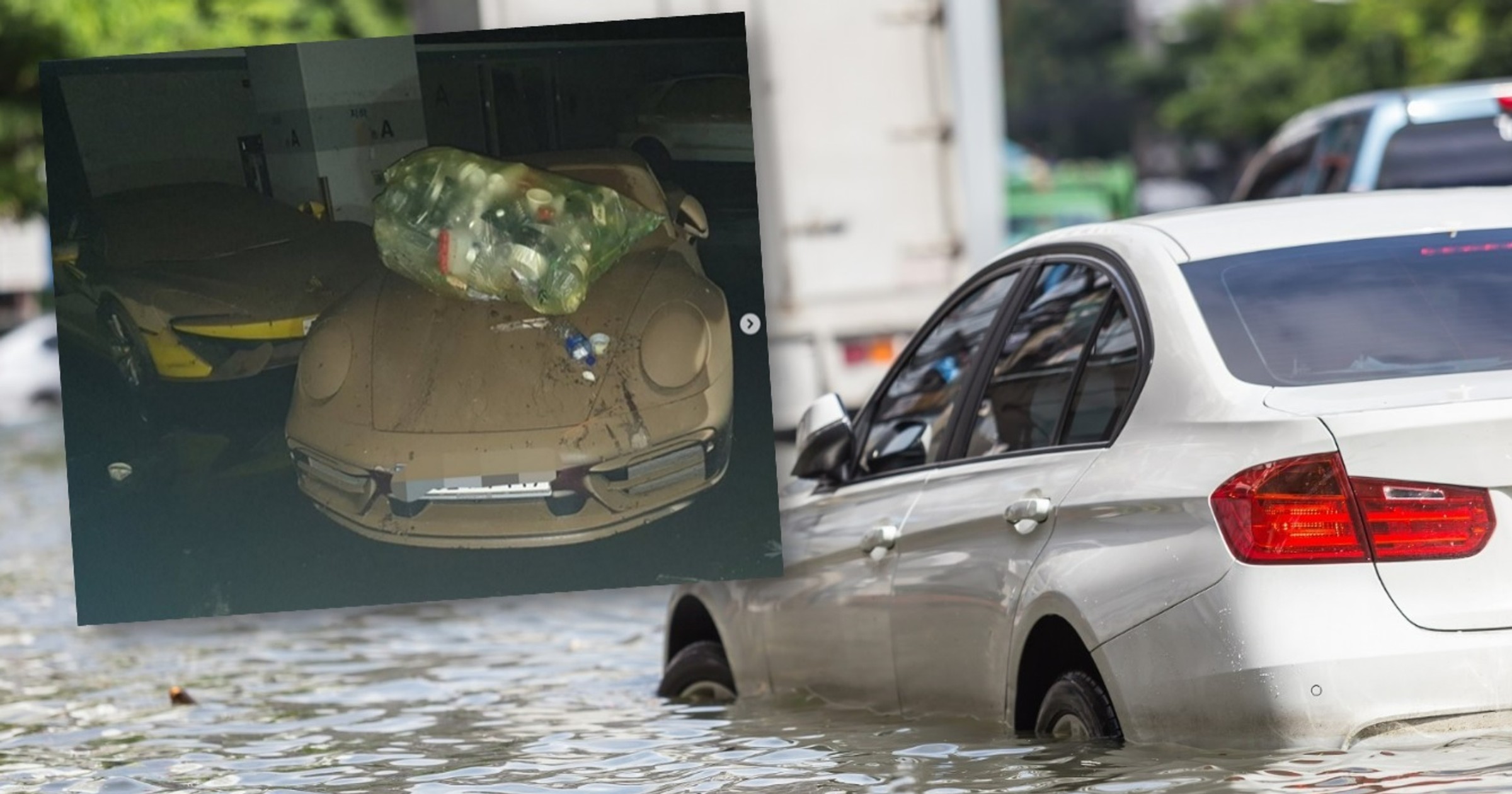 Supersamochody zalane w Seulu podczas ulewy dekady