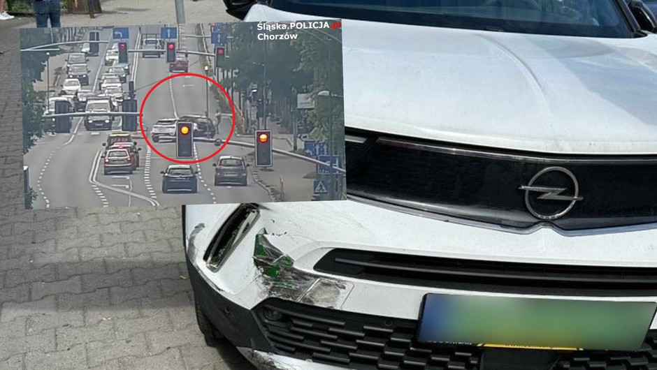 Wjechał na pasy na czerwonym świetle (fot. screen: slaska.policja.gov.pl)