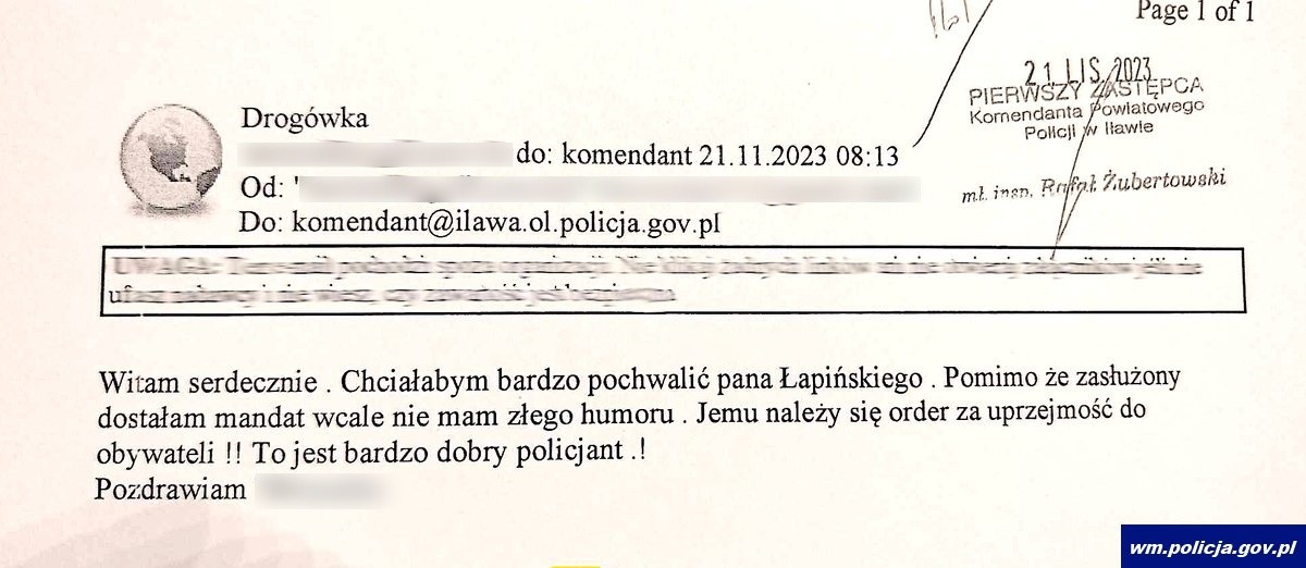 List do Komendanta Powiatowego Policji w Iławie; listopad 2023 r.