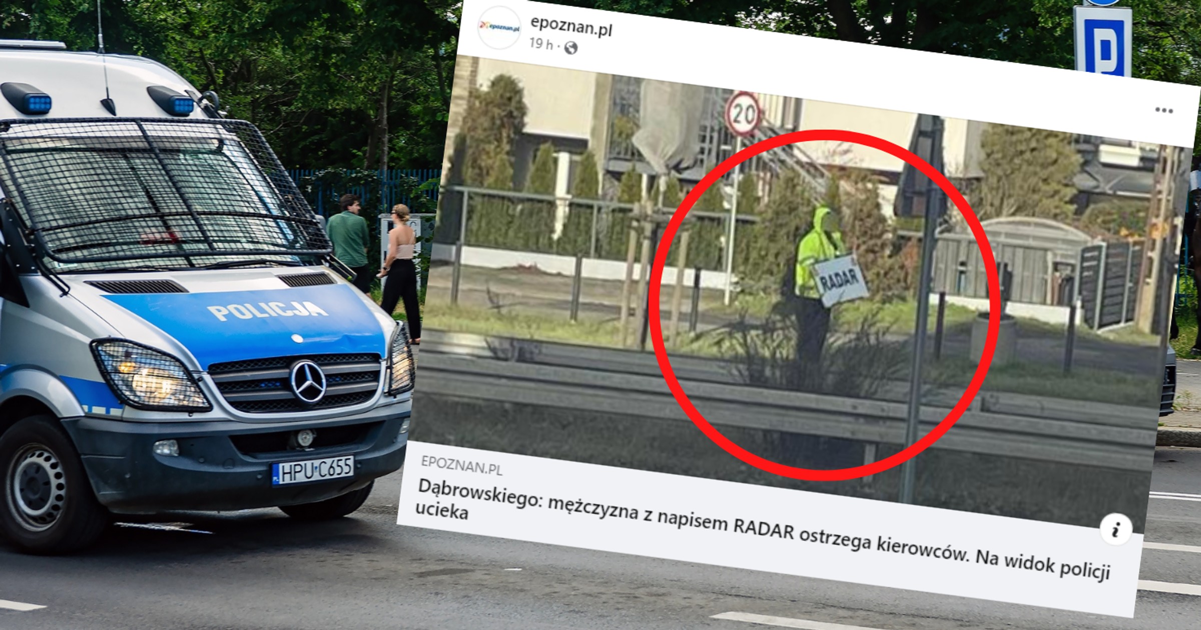 Na jednej z poznańskich ulic stoi osoba z napisem "RADAR" (facebook.com/epoznan)