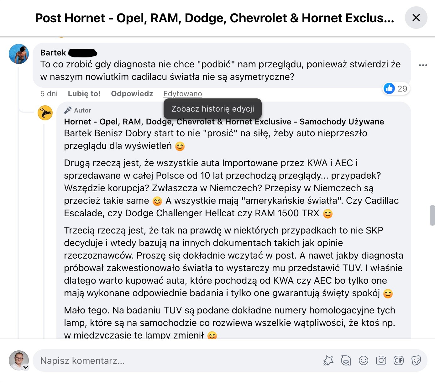 Na Facebooku rozgorzała dyskusja na temat dopuszczenia Cadillaca i podobych samochodów do ruchu