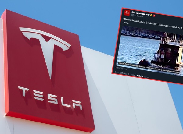 Przez fatalny błąd Tesla zjechała do lodowatej wody. Na pomoc przyszła pływająca sauna
