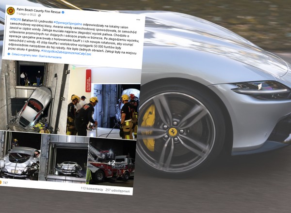 Ferrari Roma spadło do szybu windy. Z auta zaczęło wyciekać paliwo