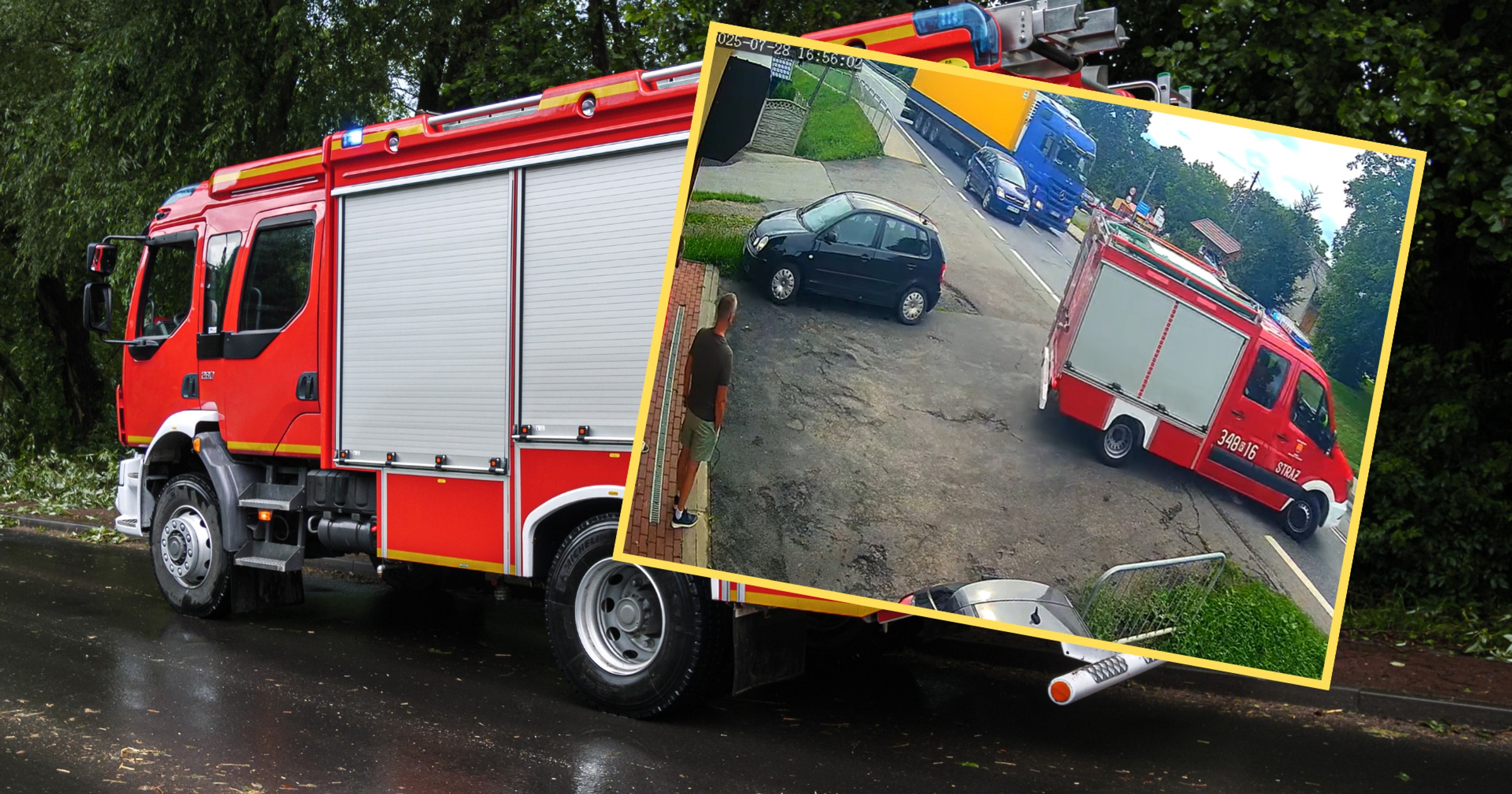 Wyjazd strażaków do akcji mógł skończyć się tragicznie (screen: remizacompl/Facebook)