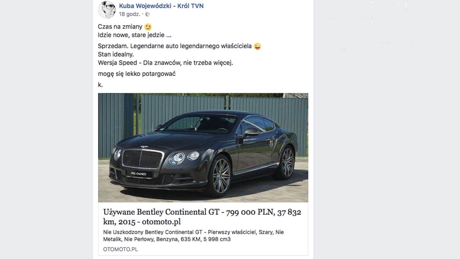 Bentley Wojewódzkiego na sprzedaż