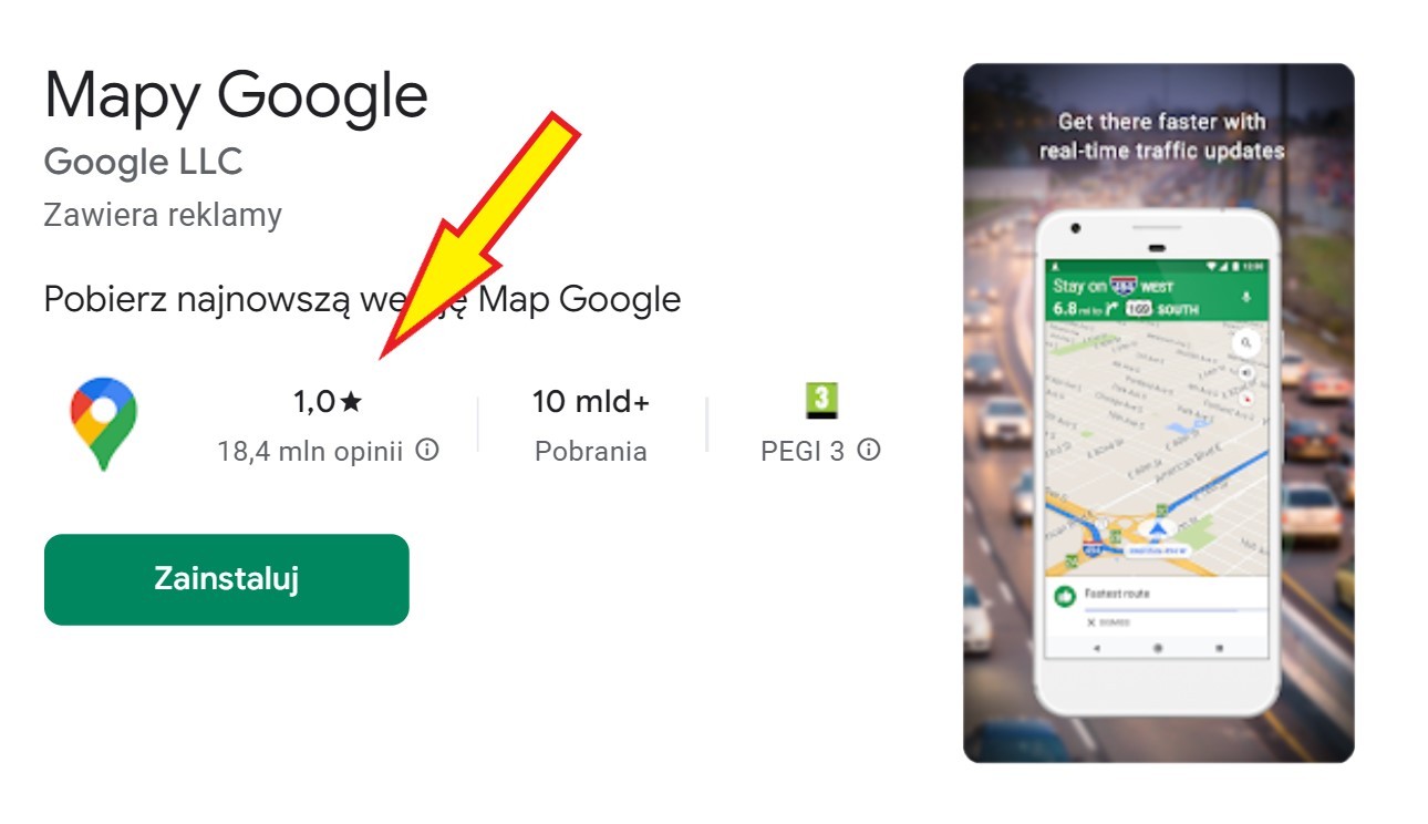 Zrzut ekranu z oceną aplikacji Mapy Google