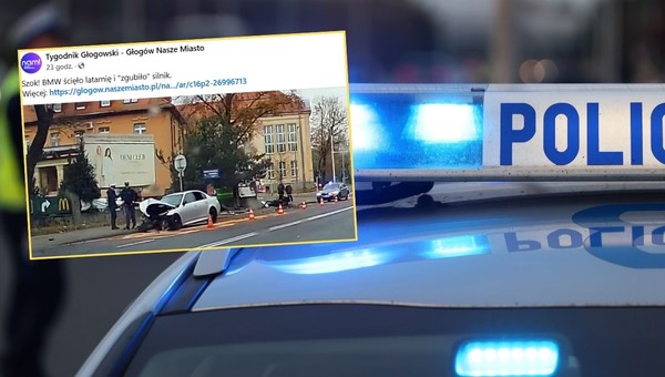 Bmw wjechało w latarnię w Głogowie (Screen: Facebook/TygodnikGlogowski)