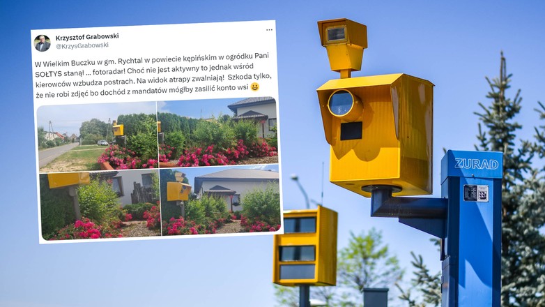 Postawiła w ogrodzie atrapę fotoradaru (fot. screen: twitter.com/@KrzysGrabowski)