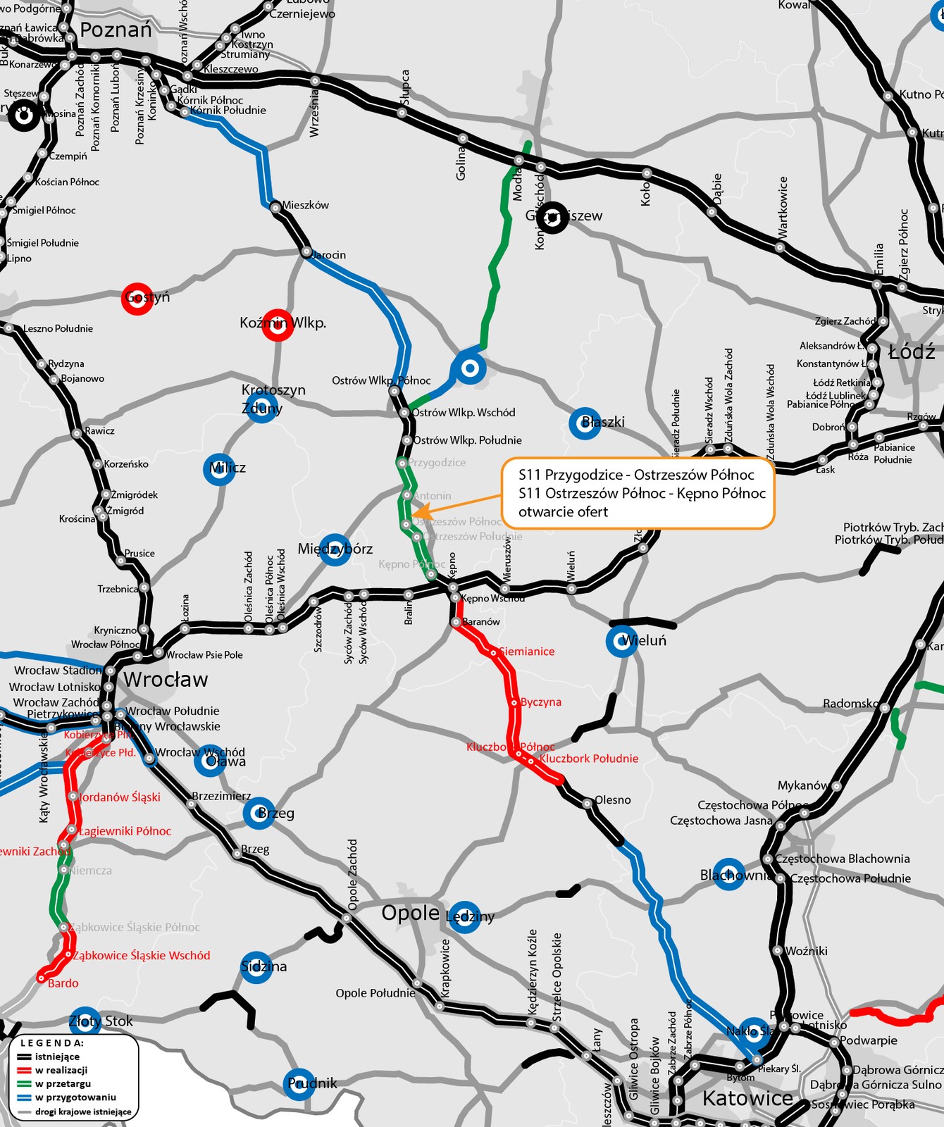 Mapa z zaznaczonymi odcinkami S11 Przygodzice — Ostrzeszów Północ oraz Ostrzeszów Północ — Ostrów Wielkopolski