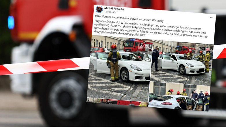 Pożar Porsche w centrum Warszawy (screenshot/Facebook/reporterwawa)