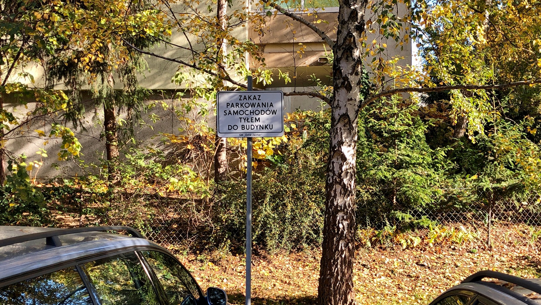 SM "Orlik-Jantar" wie, że w "strefie zamieszkania" nie wolno parkować poza wyznaczonymi miejscami postojowymi i mimo braku tych miejsc zakazuje parkowania... ale tyłem do budynku