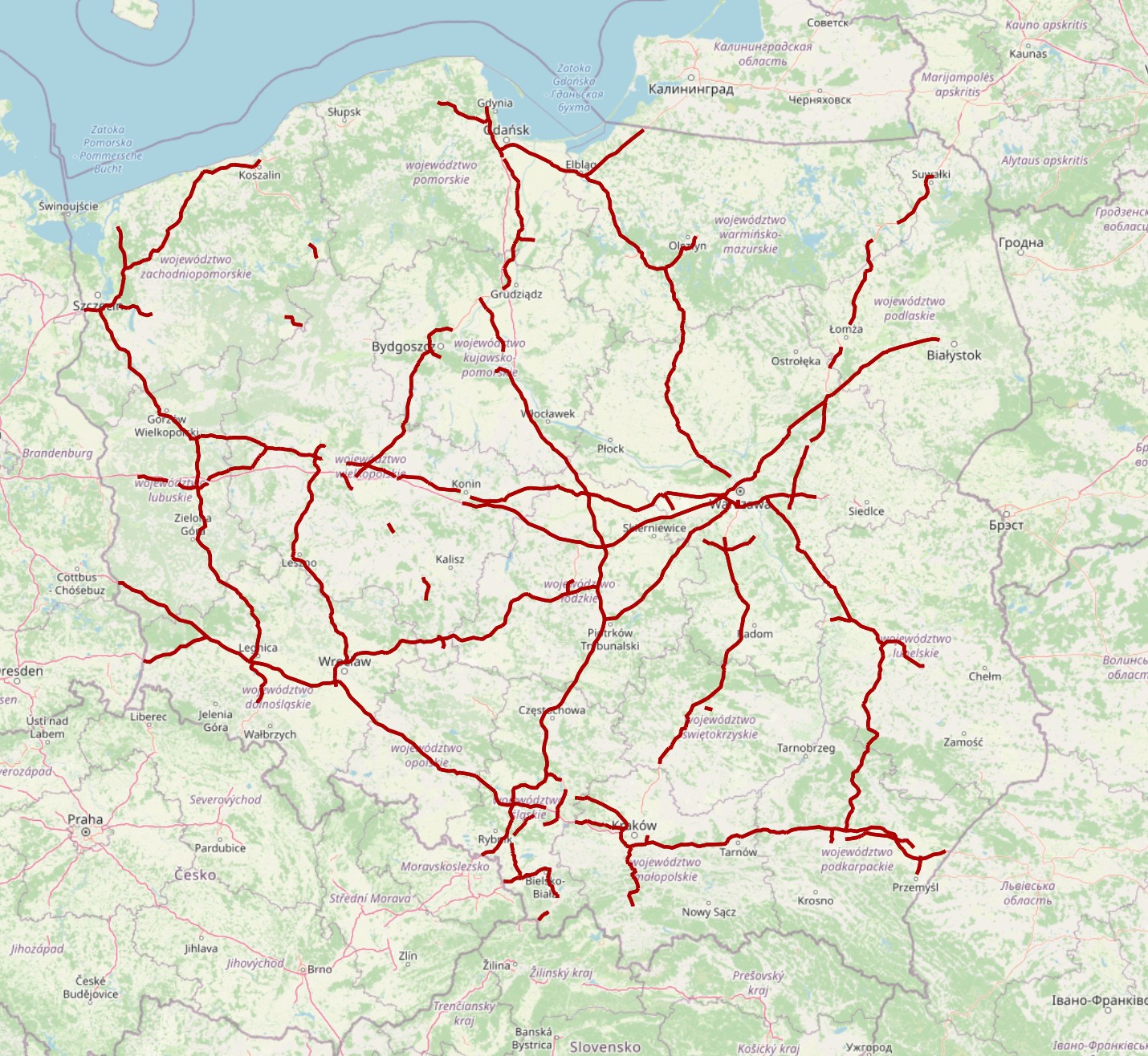 Mapa z odcinkami sieci dróg płatnych