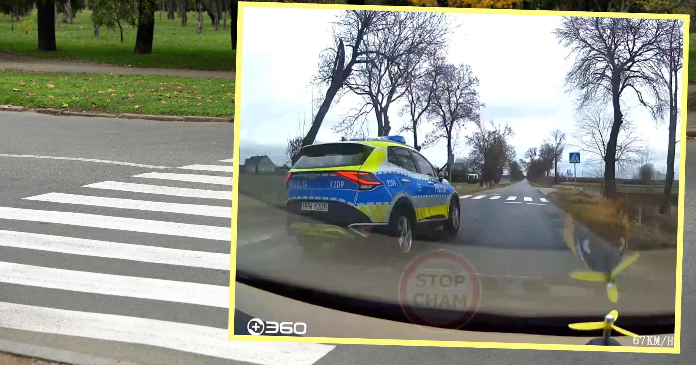 Radiowóz wyprzedzał tuż przed przejściem dla pieszych (screen: stop.cham.team/Facebook)