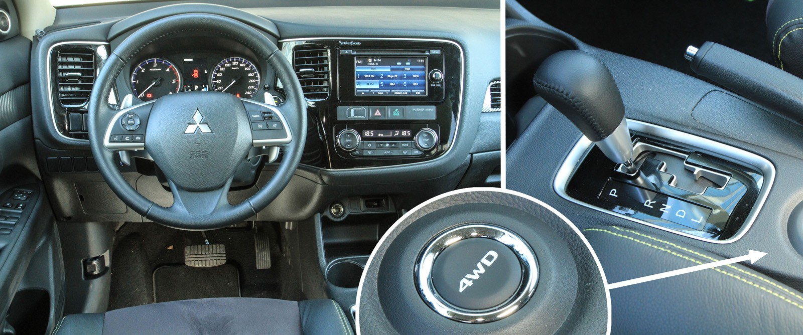 Mitsubishi Outlander 2.2 DI-D Fischer: czytelne duże zegary. Automatyczna skrzynia biegów. Przycisk sterowania napędem 4x4: tryb Eko (z ograniczonym dołączaniem napędu tylnego), Auto i Lock, gdzie tylna oś wykorzystywana jest najmocniej.