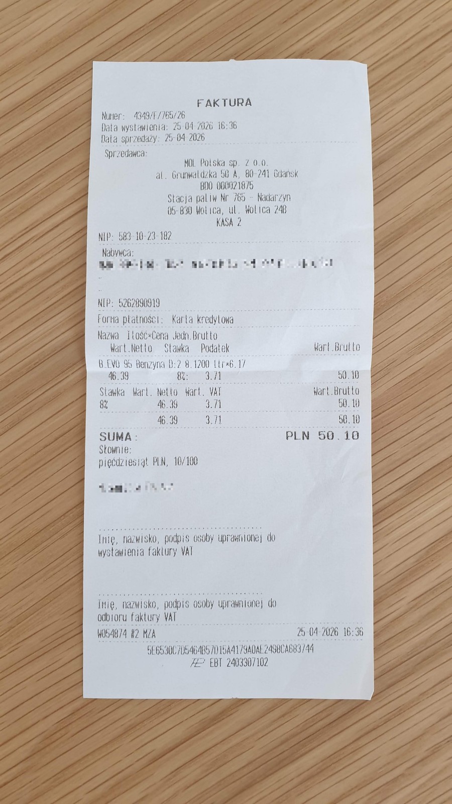 Rachunek z tankowania Clio za 50 zł