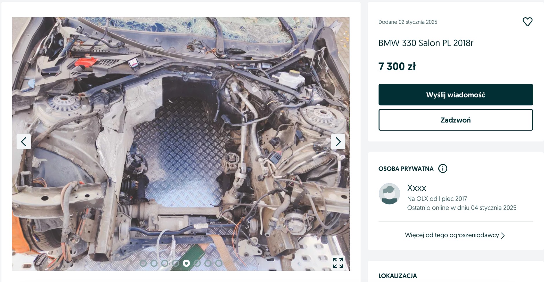 Oferta sprzedaży rozbitego BMW. Czy to wrak radiowozu?