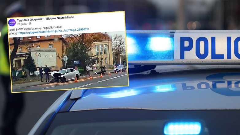 Bmw wjechało w latarnię w Głogowie (Screen: Facebook/TygodnikGlogowski)