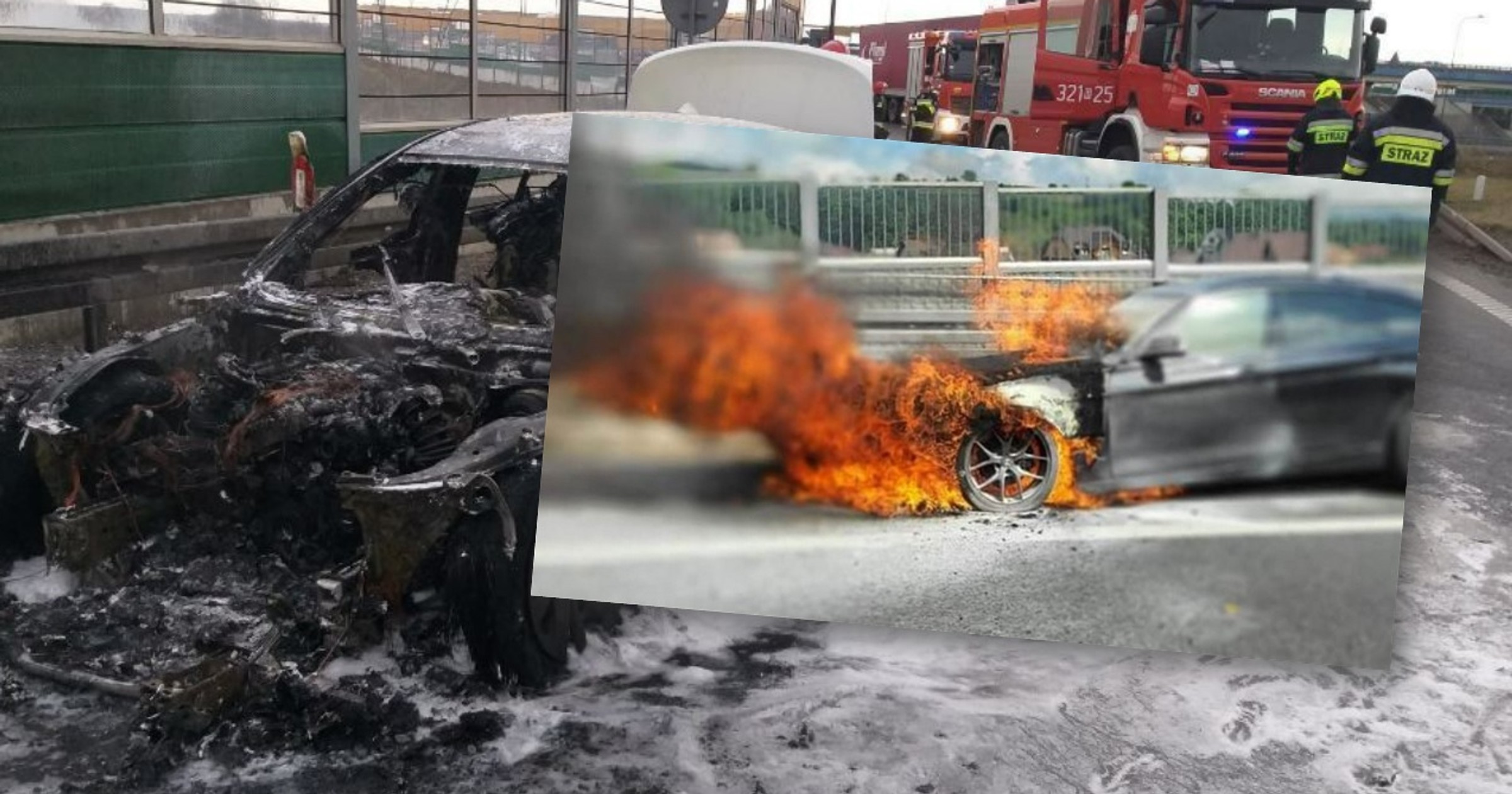 Pożar BMW na drodze S7 w kierunku Zakopanego