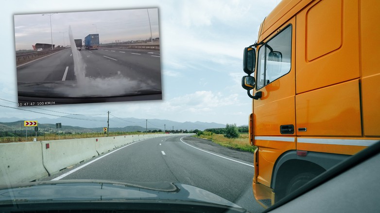 Lód spadający z ciężarówki uszkodził samochód osobowy / screen: YouTube/bandyci.drogowi