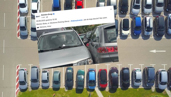 Nietypowa sytuacja na parkingu w Bielsku-Białej. Kierowcy musieli mieć problem z odjazdem