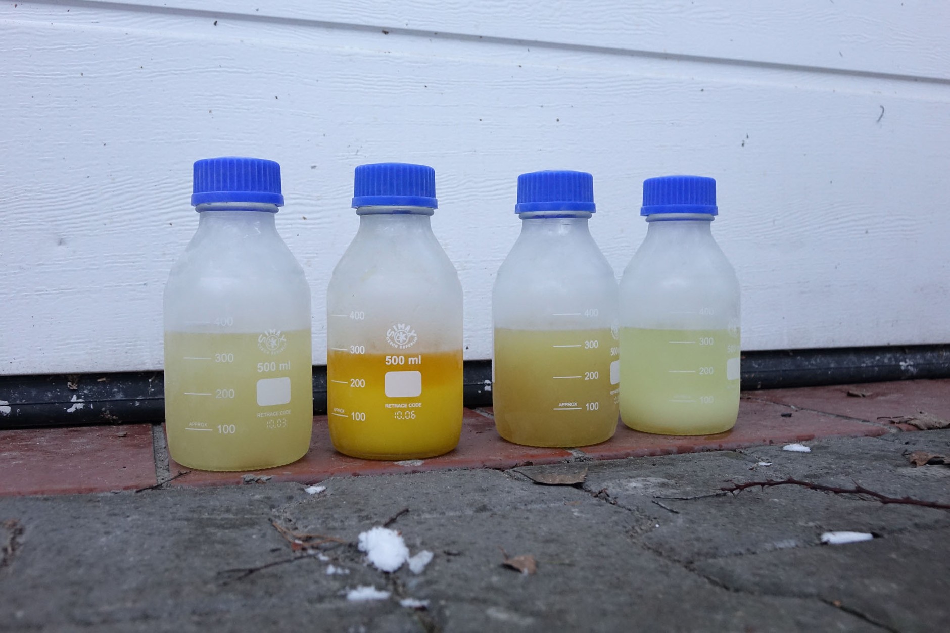 Oto próbki paliw z różnych stacji przetrzymane w zamrażarce w temperaturze -24 st. C: jedne tylko zmętniały, inne zrobiły się „glutowate”, zaś próbka z wysoką zawartością biokomponentów (druga od lewej) zrobiła się gęsta jak masło!