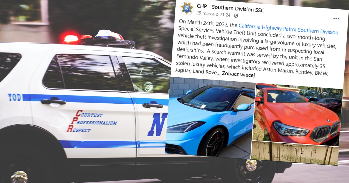 USA. Policja odniosła spektakularny sukces. Odzyskała skradzione luksusowe samochody o wartości 2,3 mln dol. (fot. screen: Facebook/CHP - Southern Division SSC)