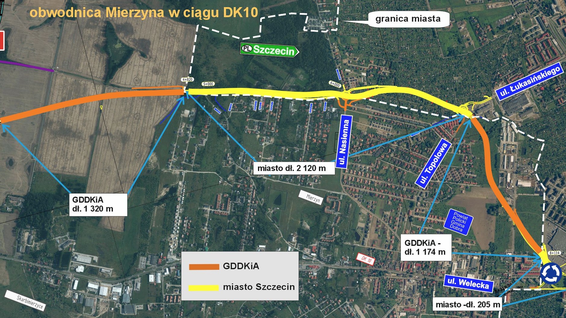 Mapa z zaznaczonym podziałem odpowiedzialności obwodnicy Mierzyna DK10