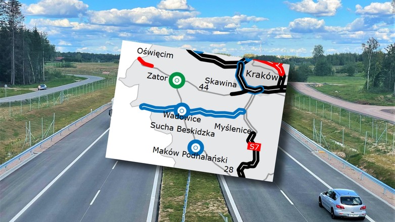 Droga ekspresowa (zdjęcie poglądowe) z mapą trasy S52