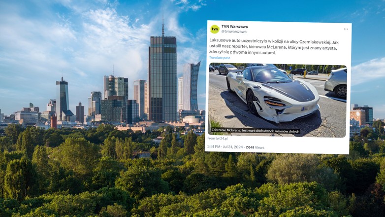 Kierowca McLarena zderzył się z dwoma innymi autami (Screen: Twitter.com/@tvnwarszawa)