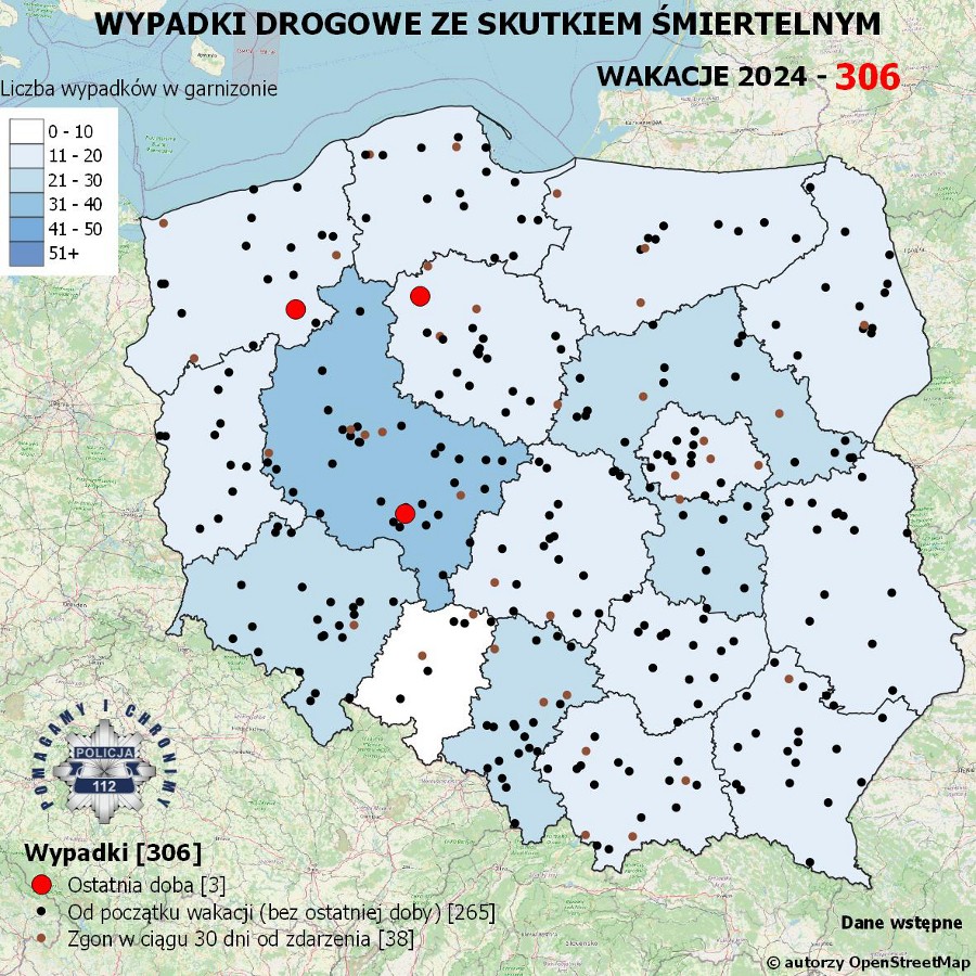 Wakacyjna mapa wypadków drogowych ze skutkiem śmiertelnym. Stan na 19.08.2024 r.