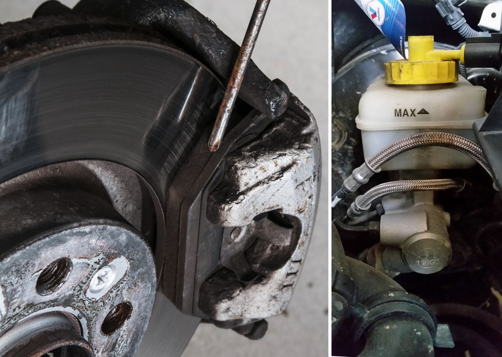 Poziom płynu w zbiorniczku zależy od grubości tarcz i klocków hamulcowych.