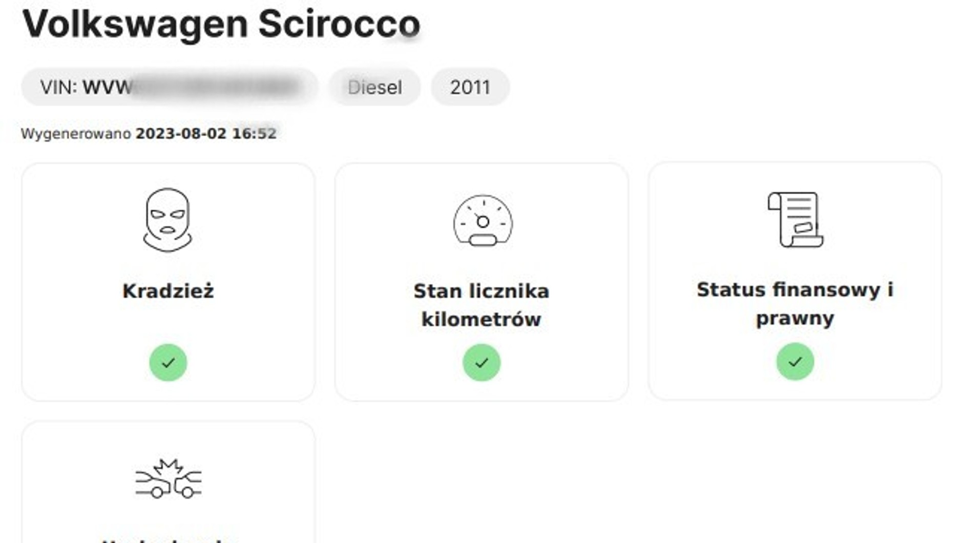 Przykładowa strona z raportu historii pojazdu