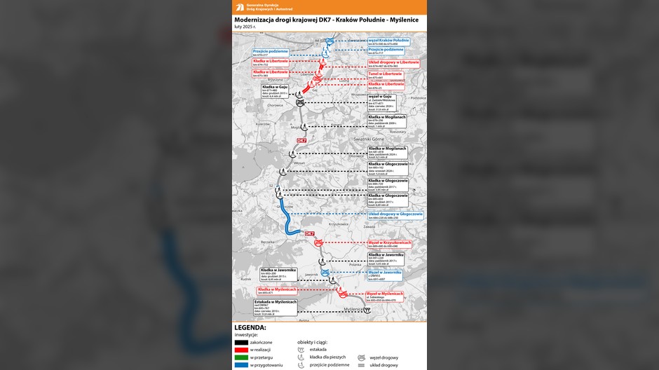 Mapa modernizacji DK7 między Krakowem a Myślenicami